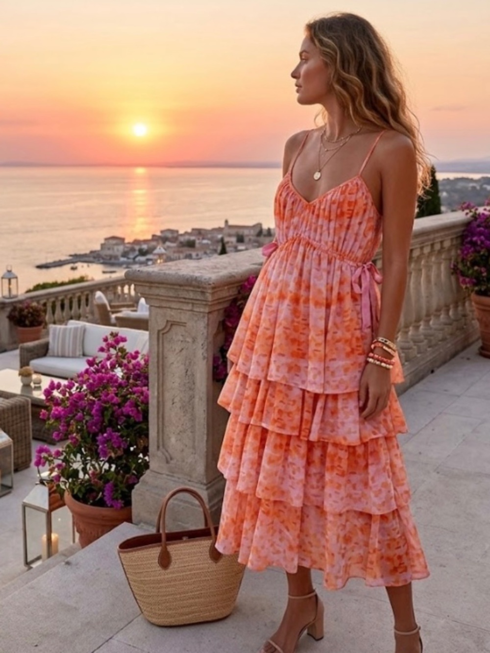 Cinq à Sept Rachel Tiered Ruffle Midi Dress Pink Floral Size 4
